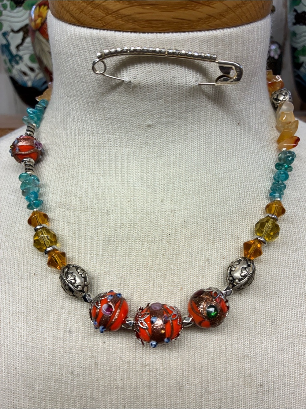 Handcrafted Orange wedding cake Bead Necklace with blue apietieand Amber glass